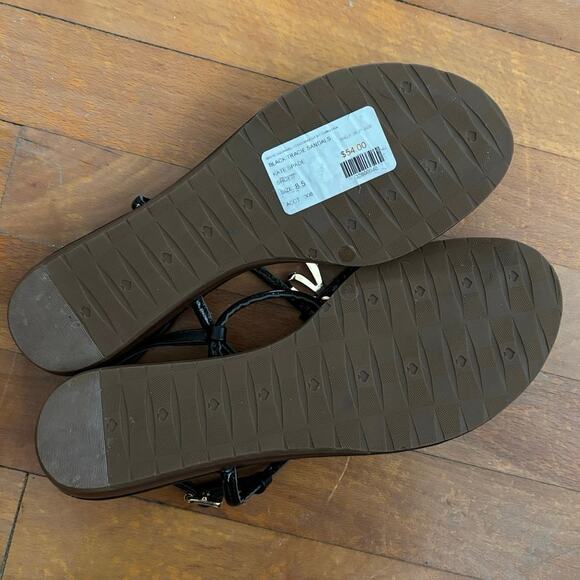 Kate Spade Size 8.5 Tracie Sandals Black Patent Gold Bow T Strap TINY FLAW - Picture 2 of 4